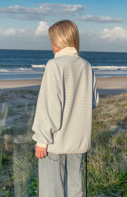 Flossy Mock Neck Blue Stripe Sweater 1