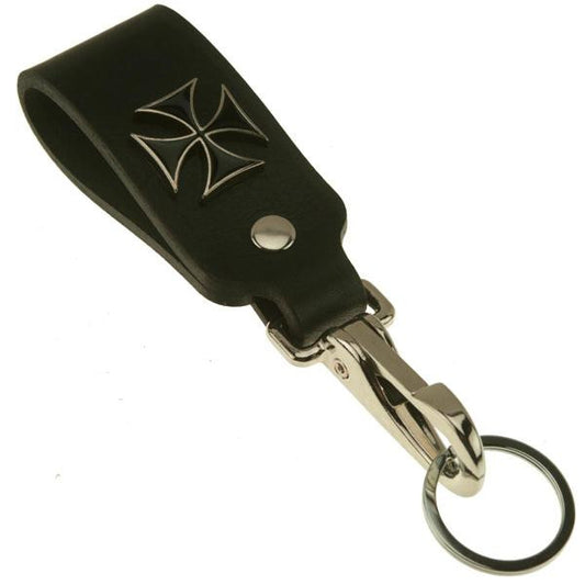 Black Maltese Cross Wide Leather Belt Strap Key Holder
