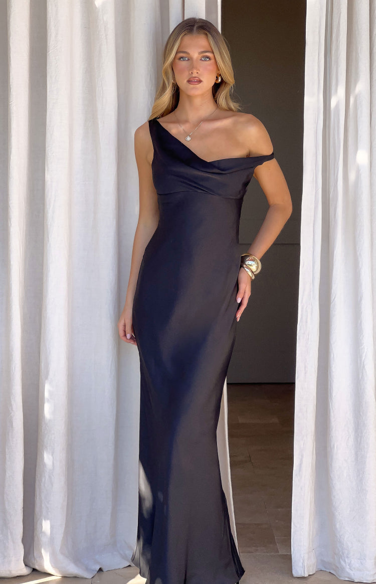 Charm Black Off Shoulder Formal Satin Maxi Dress - PRE ORDER