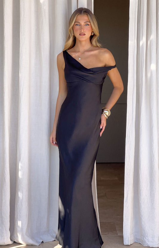 Charm Black Off Shoulder Formal Satin Maxi Dress - PRE ORDER