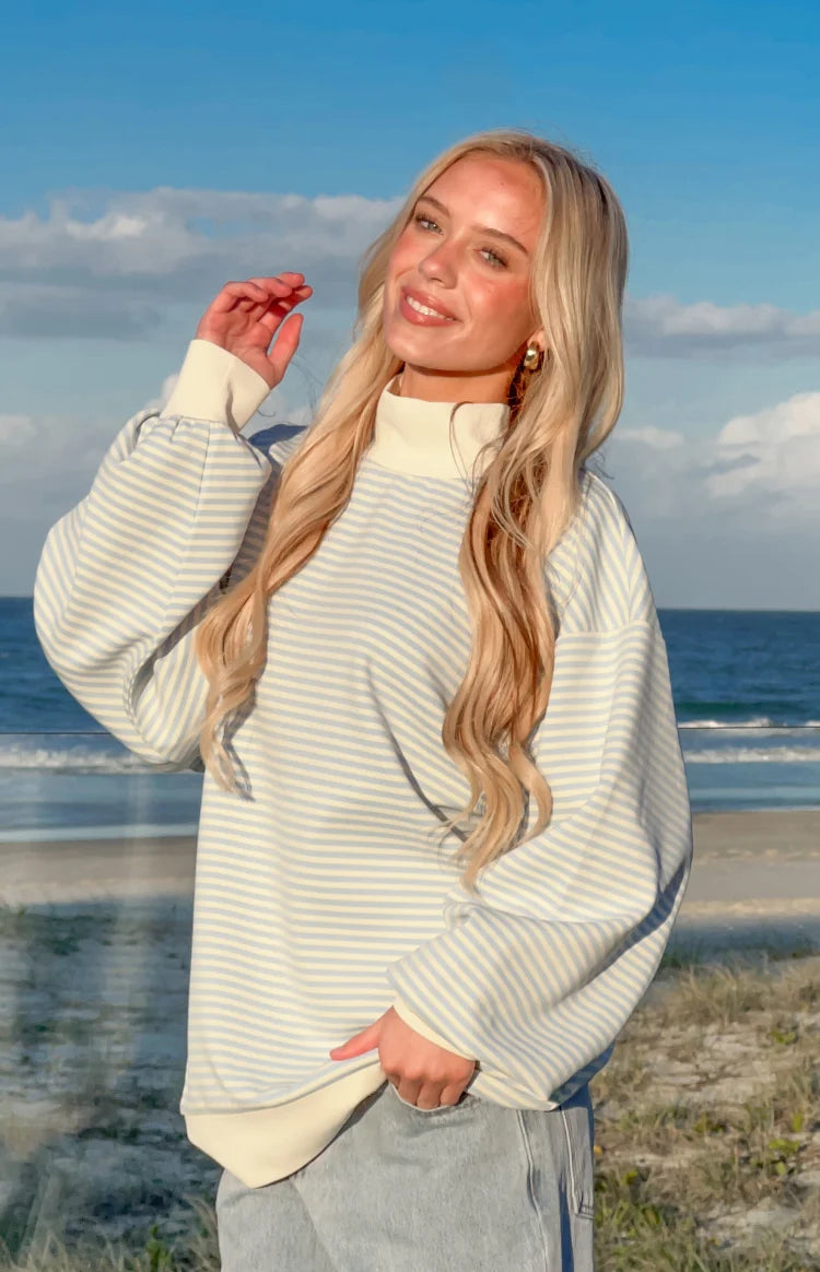 Flossy Mock Neck Blue Stripe Sweater 1