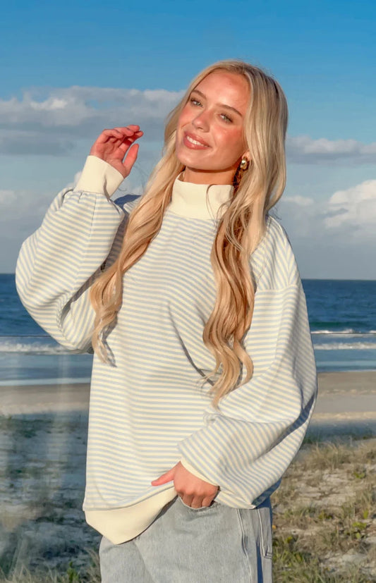 Flossy Mock Neck Blue Stripe Sweater 1