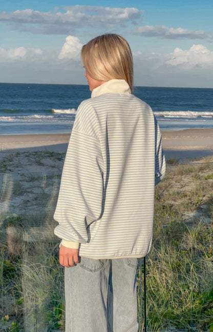 Flossy Mock Neck Blue Stripe Sweater 1