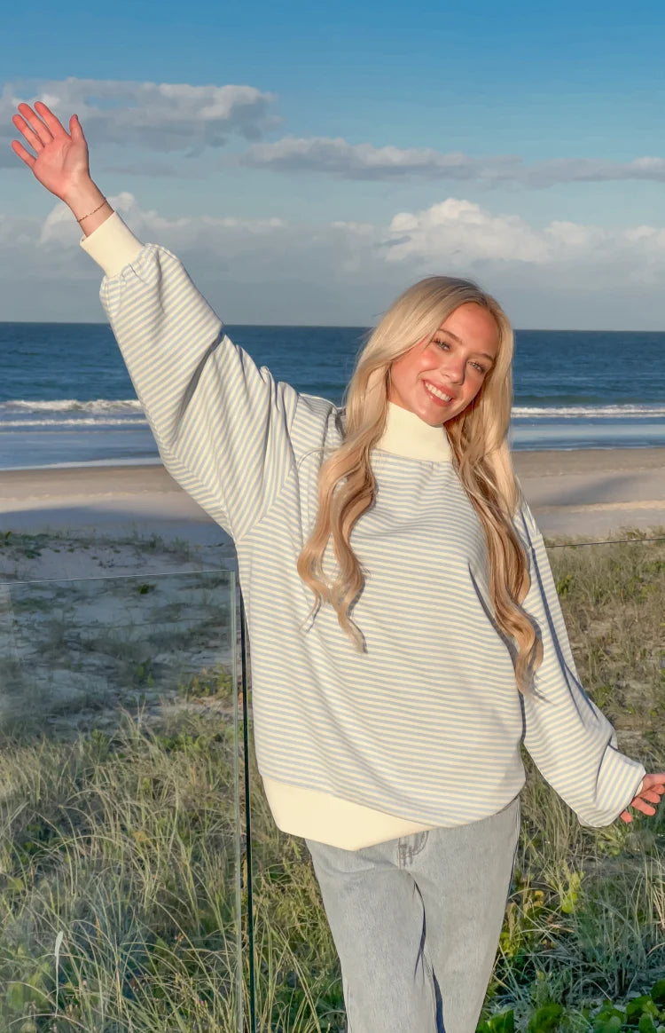Flossy Mock Neck Blue Stripe Sweater 1