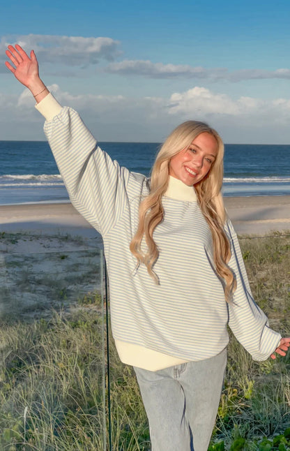 Flossy Mock Neck Blue Stripe Sweater 1
