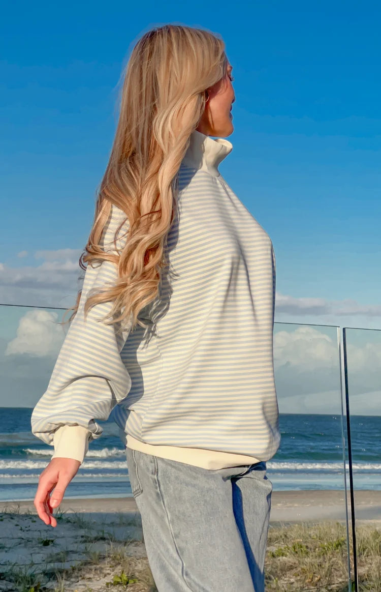 Flossy Mock Neck Blue Stripe Sweater 1