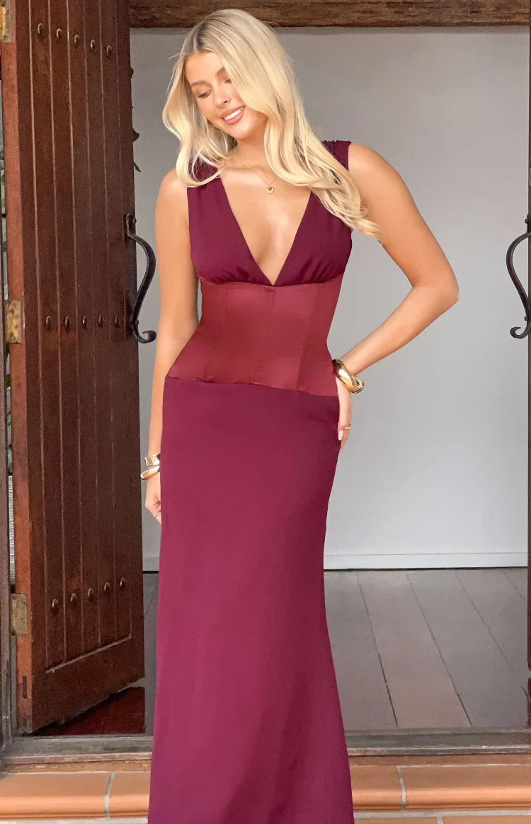 Lara Burgundy Contrast Satin Maxi Dress - PRE ORDER