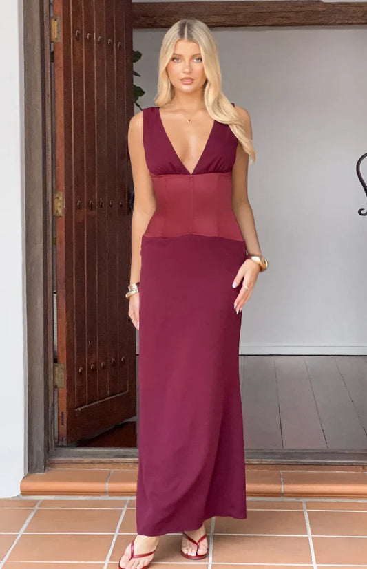 Lara Burgundy Contrast Satin Maxi Dress - PRE ORDER