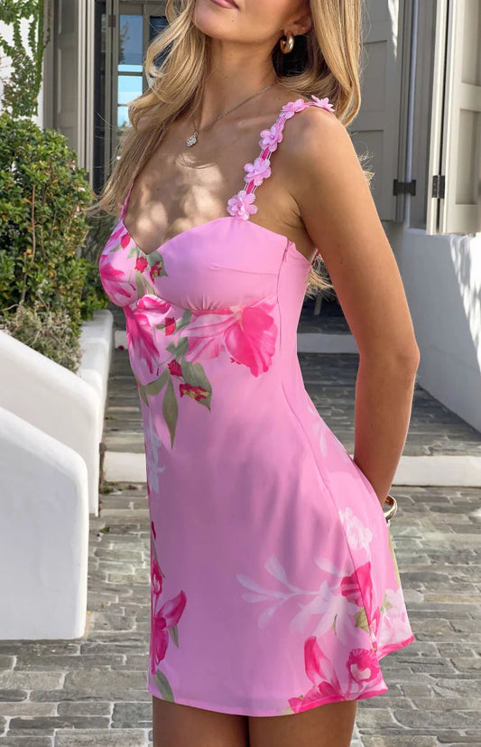 Marbelle Pink Floral Chiffon Party Mini Dress - PRE ORDER
