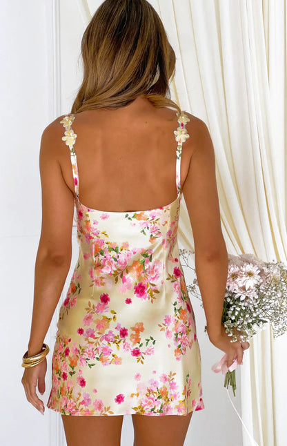 Marbelle Yellow Bloom Satin Mini Dress