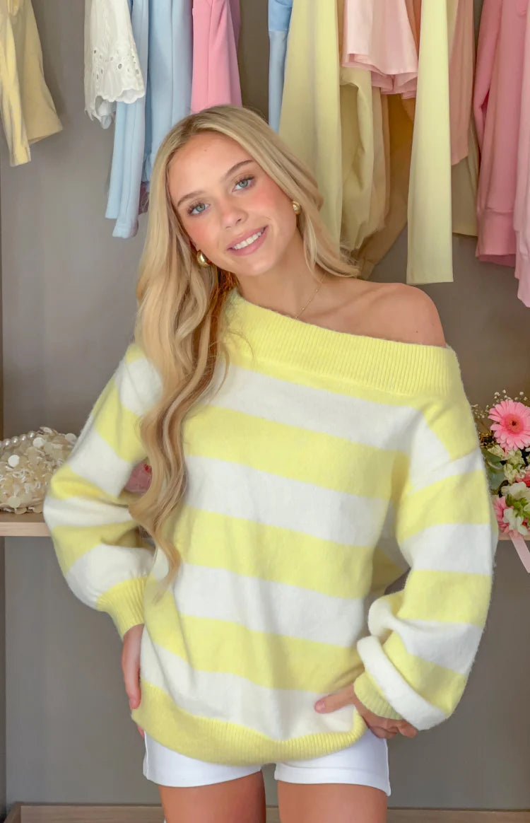 Millie Yellow Stripe Off Shoulder Knit Sweater
