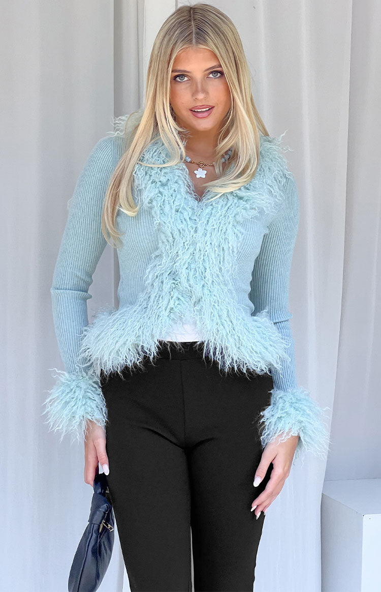 Violetta Mint Green Fur Trim Knit Cardigan - PRE ORDER