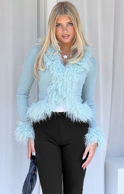 Violetta Mint Green Fur Trim Knit Cardigan - PRE ORDER