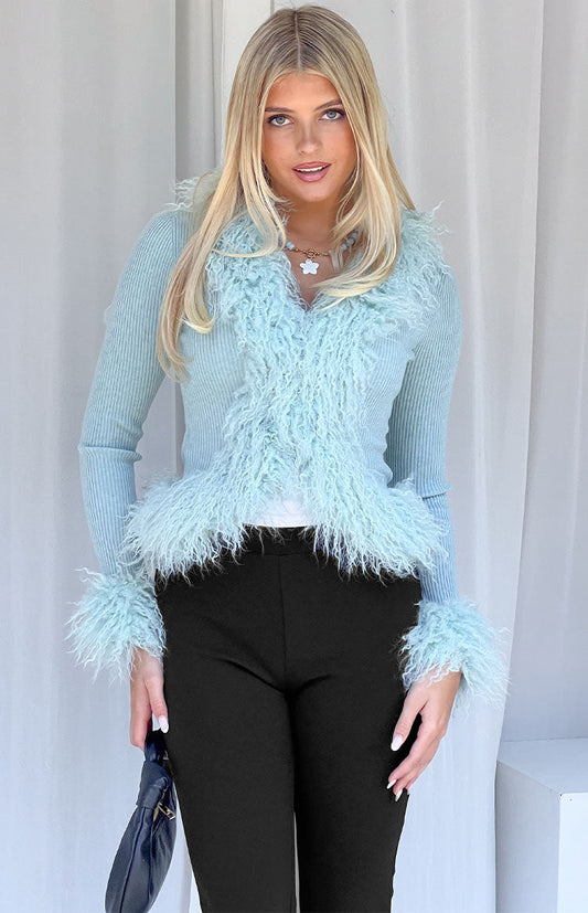 Violetta Mint Green Fur Trim Knit Cardigan - PRE ORDER