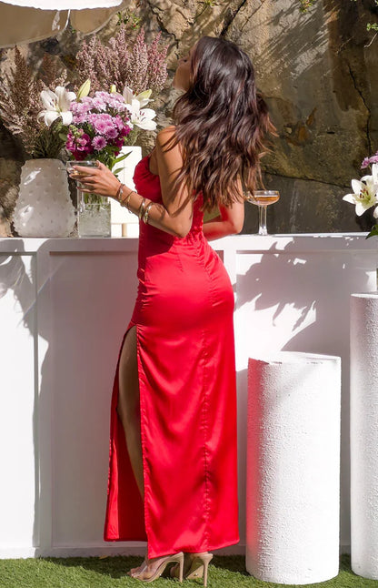 Laria Wine Satin Formal Maxi Dress